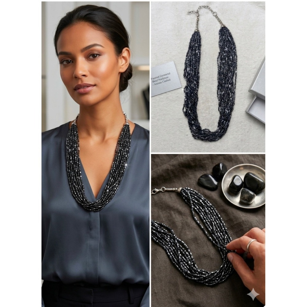 Artisan Crafted Faceted Gunmetal Bead Multi-Strand Statement Necklace Black Grey